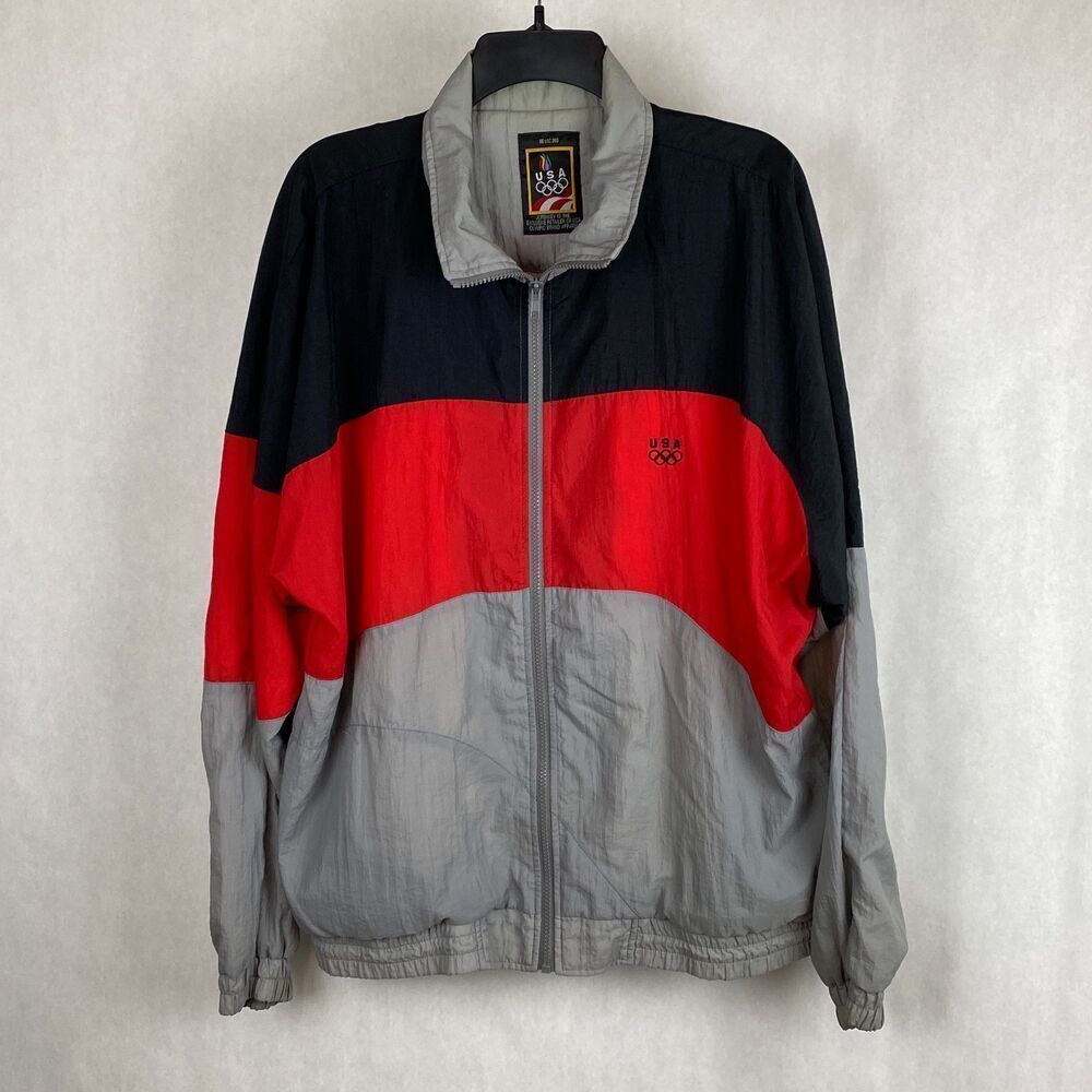 Vtg USA Olympic Windbreaker Jacket Mens Size 36 Red Black Gray Lightweight